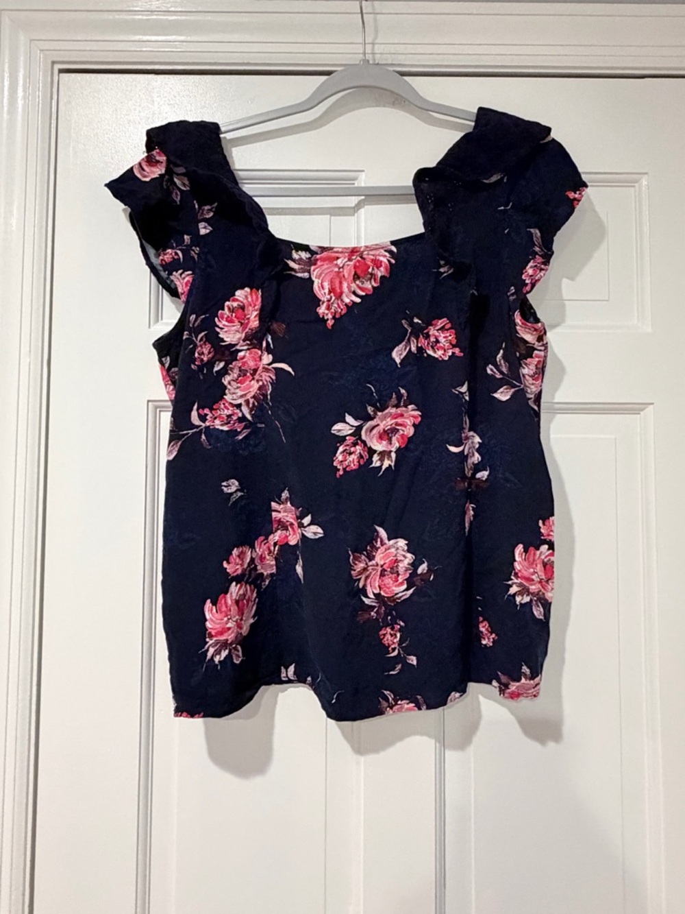 Maurices XL Floral Ruffle Sleeve Top Navy Pink Boho - Picture 2 of 7